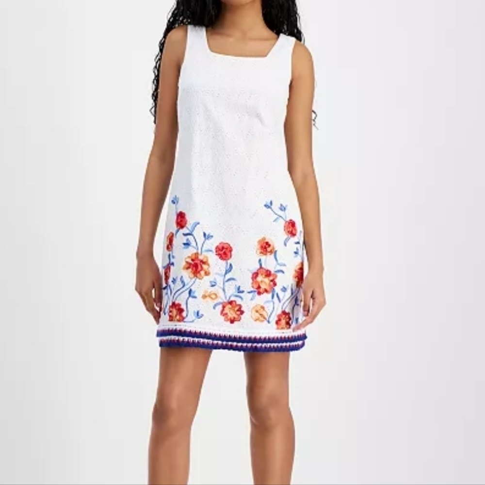NWT Tahari ASL Floral Embroidered Trapeze Dress Size 6 Ivory Multi Square Neck